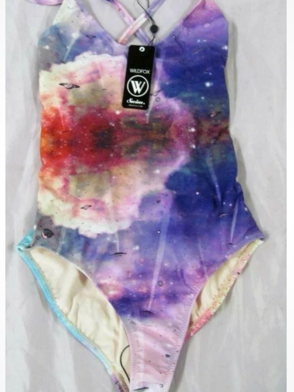 Wildfox Space Cadet UFO Galaxy One-Piece Swimsuit - Purple Pink Blue LARGE NWT